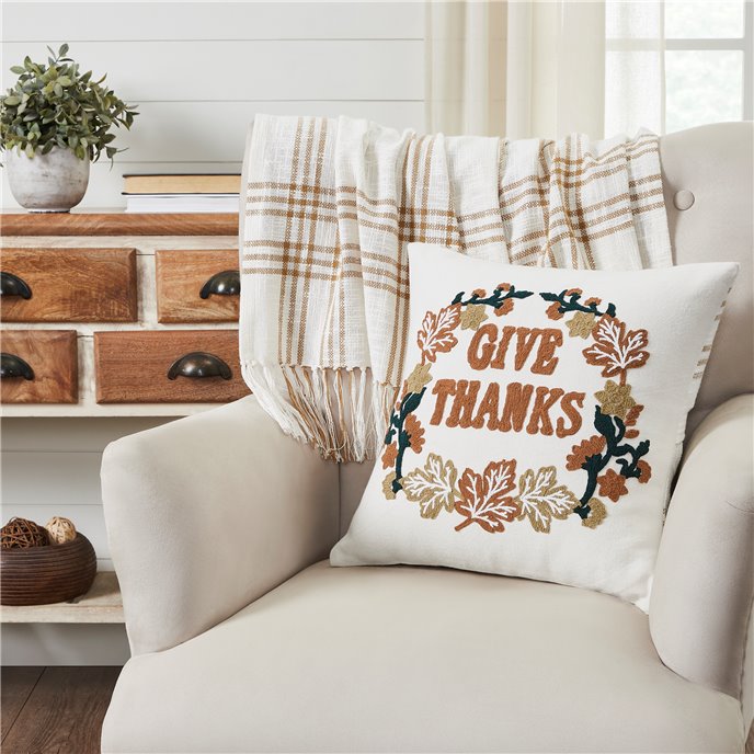 Wheat Plaid Give Thanks Pillow Cover 18x18 Thumbnail