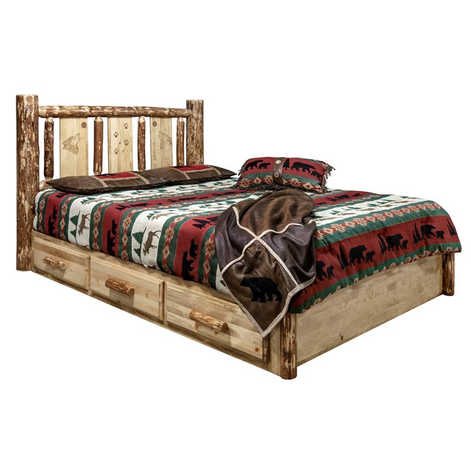 Glacier Queen Platform Bed w/ Storage & Laser Engraved Wolf Design Thumbnail