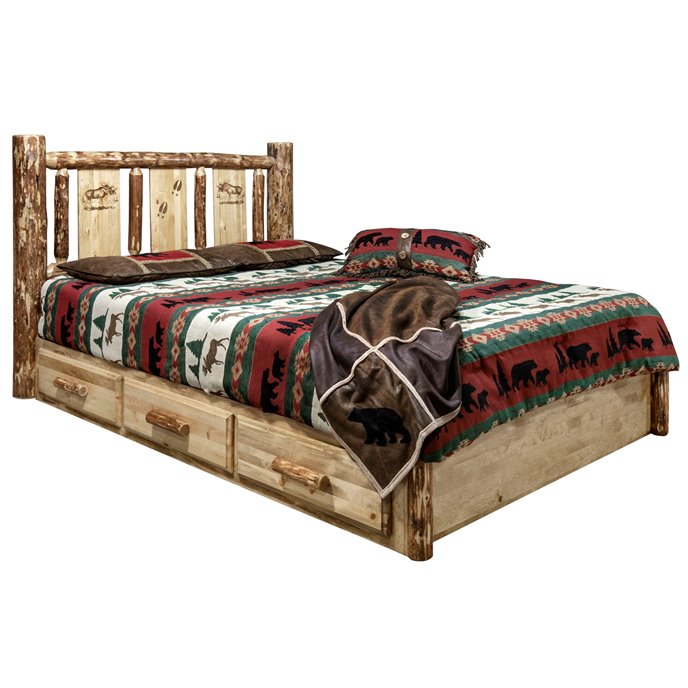 Glacier Cal King Platform Bed w/ Storage & Laser Engraved Moose Design Thumbnail