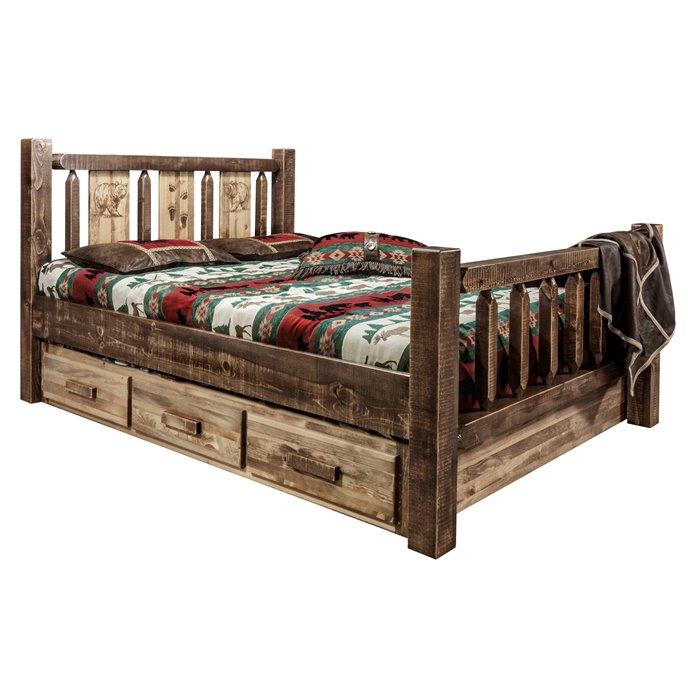 Homestead Cal King Storage Bed w/ Laser Engraved Bear Design - Stain & Clear Lacquer Finish Thumbnail