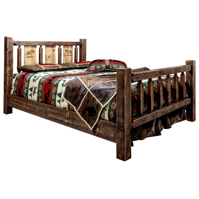 Homestead Queen Bed w/ Laser Engraved Moose Design - Stain & Clear Lacquer Finish Thumbnail