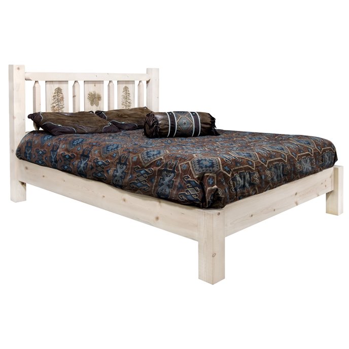 Homestead Queen Platform Bed w/ Laser Engraved Pine Tree Design - Clear Lacquer Finish Thumbnail