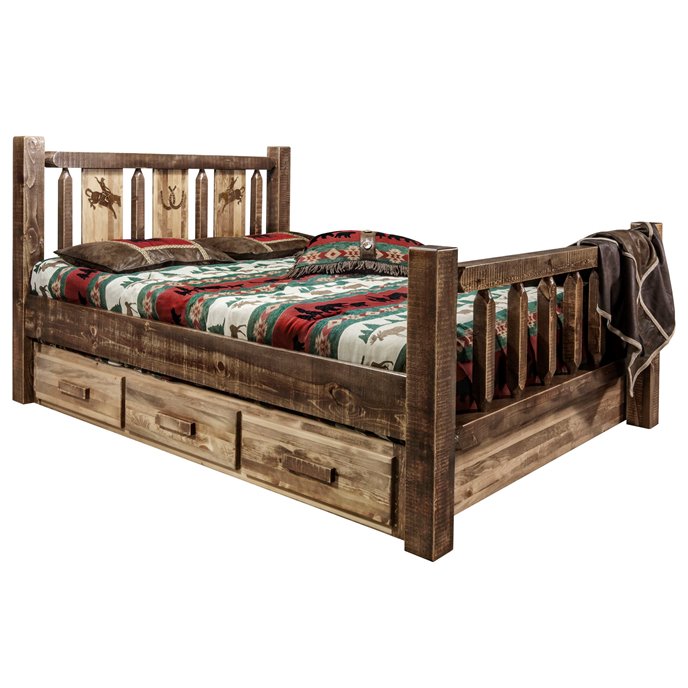 Homestead Queen Storage Bed w/ Laser Engraved Bronc Design - Stain & Clear Lacquer Finish Thumbnail