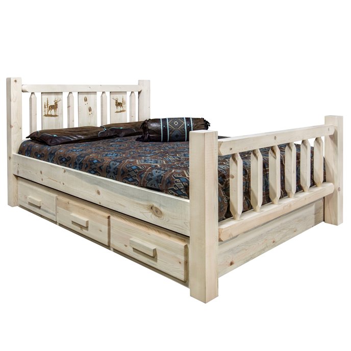 Homestead Queen Storage Bed w/ Laser Engraved Elk Design - Clear Lacquer Finish Thumbnail