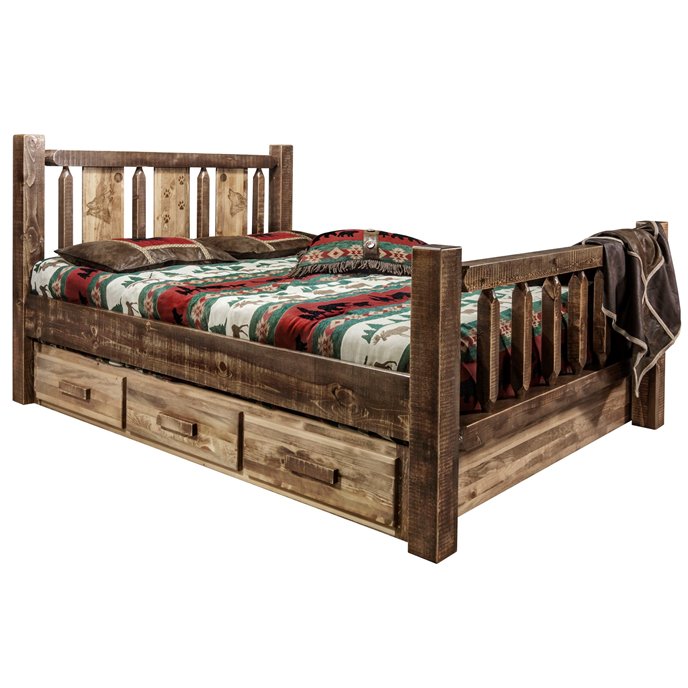 Homestead Queen Storage Bed w/ Laser Engraved Wolf Design - Stain & Clear Lacquer Finish Thumbnail