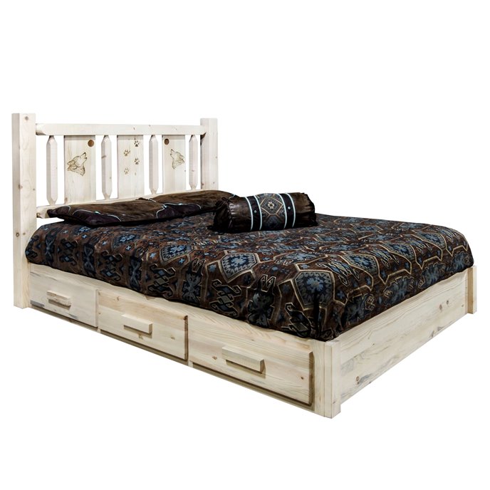 Homestead Queen Platform Bed w/ Storage & Laser Engraved Wolf Design - Clear Lacquer Finish Thumbnail