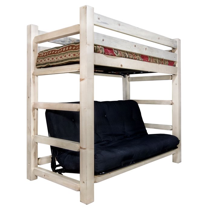 Homestead Twin Bunk Bed over Full Futon Frame w/ Mattress - Clear Lacquer Finish Thumbnail