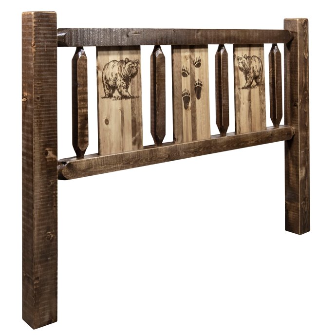 Homestead Full Headboard w/ Laser Engraved Bear Design - Stain & Clear Lacquer Finish Thumbnail