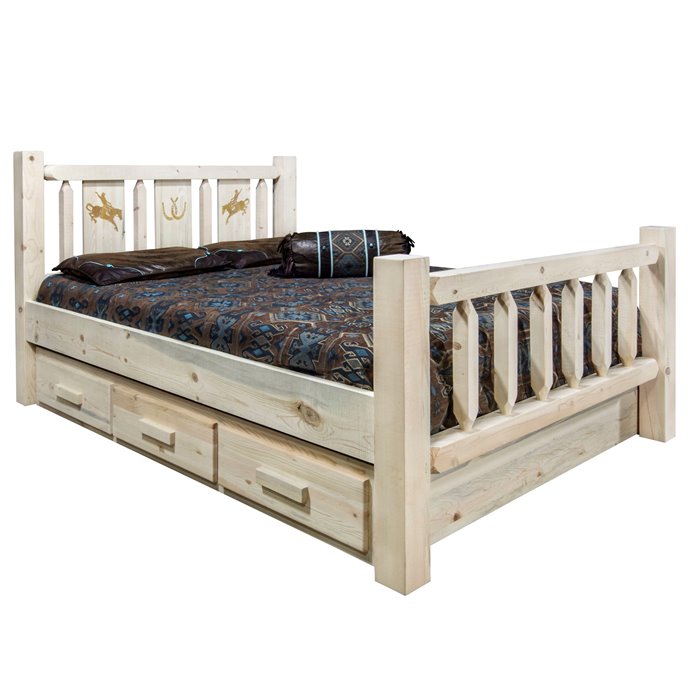 Homestead Cal King Storage Bed w/ Laser Engraved Bronc Design - Clear Lacquer Finish Thumbnail