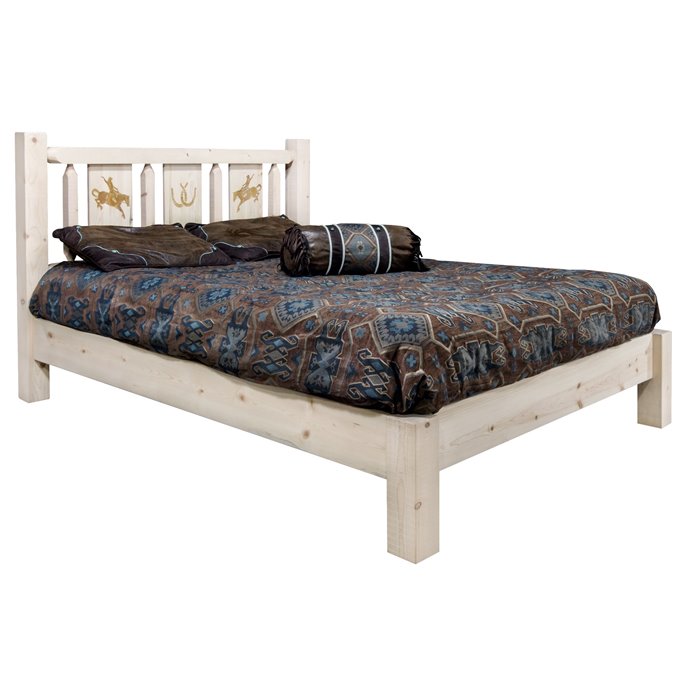 Homestead Full Platform Bed w/ Laser Engraved Bronc Design - Clear Lacquer Finish Thumbnail