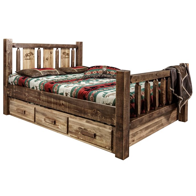 Homestead Cal King Storage Bed w/ Laser Engraved Moose Design - Stain & Clear Lacquer Finish Thumbnail