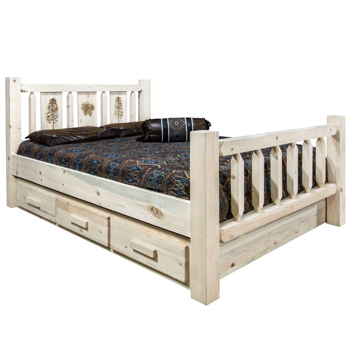 Homestead Cal King Storage Bed w/ Laser Engraved Pine Design - Clear Lacquer Finish Thumbnail