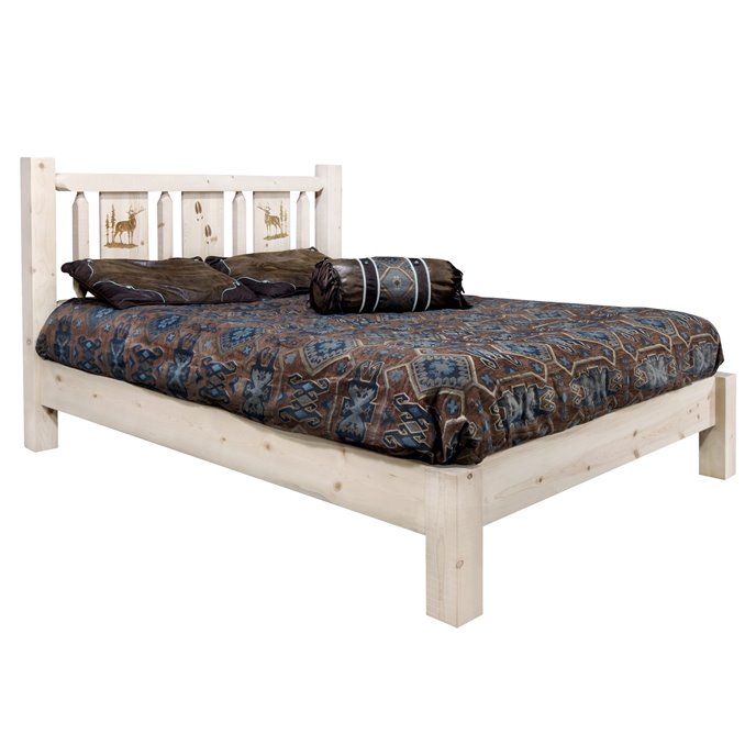 Homestead Queen Platform Bed w/ Laser Engraved Elk Design - Clear Lacquer Finish Thumbnail