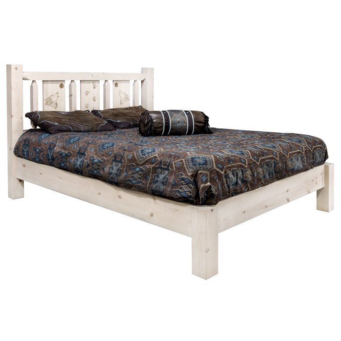 Homestead Queen Platform Bed w/ Laser Engraved Wolf Design - Clear Lacquer Finish Thumbnail