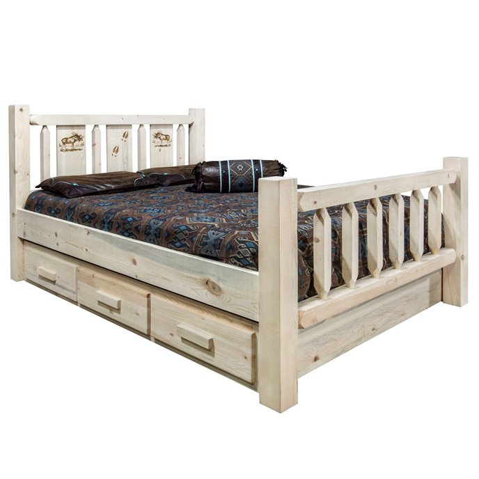 Homestead Queen Storage Bed w/ Laser Engraved Moose Design - Clear Lacquer Finish Thumbnail