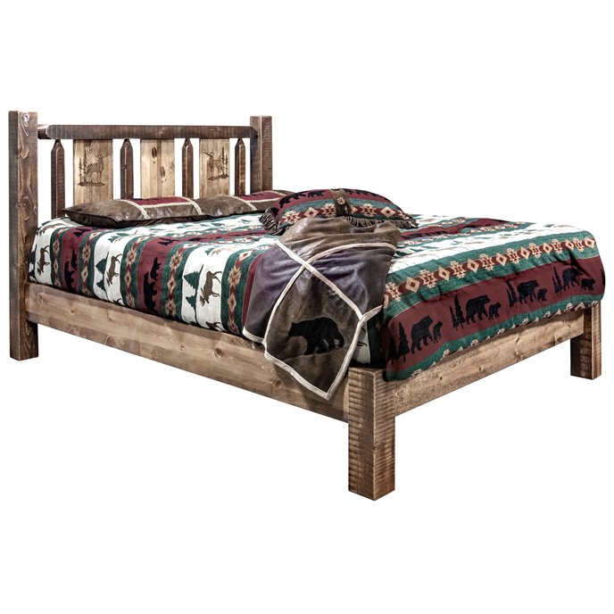 Homestead King Platform Bed w/ Laser Engraved Elk Design - Stain & Clear Lacquer Finish Thumbnail