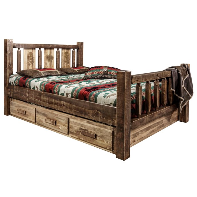 Homestead Cal King Storage Bed w/ Laser Engraved Pine Design - Stain & Clear Lacquer Finish Thumbnail