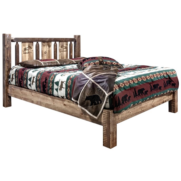 Homestead Cal King Platform Bed w/ Laser Engraved Moose Design - Stain & Clear Lacquer Finish Thumbnail