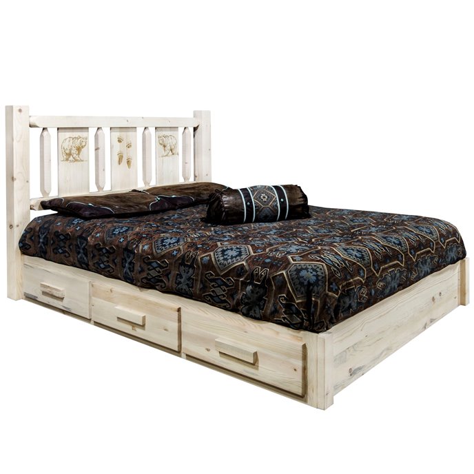 Homestead Full Platform Bed w/ Storage & Laser Engraved Bear Design - Clear Lacquer Finish Thumbnail