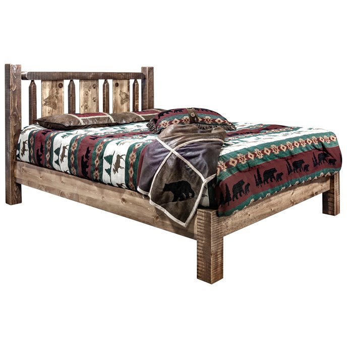 Homestead Cal King Platform Bed w/ Laser Engraved Wolf Design - Stain & Clear Lacquer Finish Thumbnail