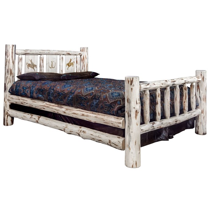 Montana Queen Bed w/ Laser Engraved Bronc Design - Clear Lacquer Finish Thumbnail