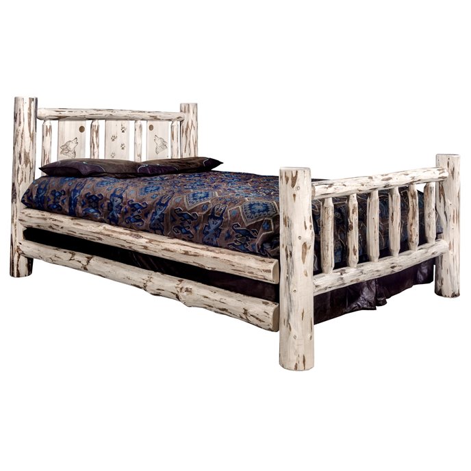 Montana Cal King Bed w/ Laser Engraved Wolf Design - Clear Lacquer Finish Thumbnail