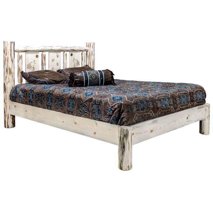 Montana Queen Platform Bed w/ Laser Engraved Wolf Design - Clear Lacquer Finish Thumbnail