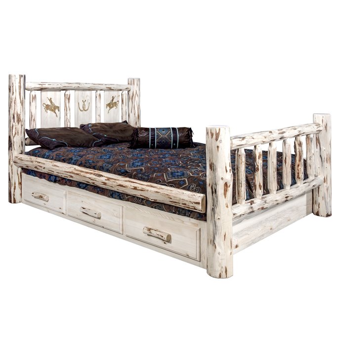 Montana Queen Storage Bed w/ Laser Engraved Bronc Design - Ready to Finish Thumbnail