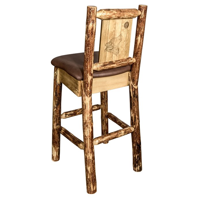 Glacier Barstool w/ Back, Saddle Upholstery Seat & Laser Engraved Wolf Design Thumbnail