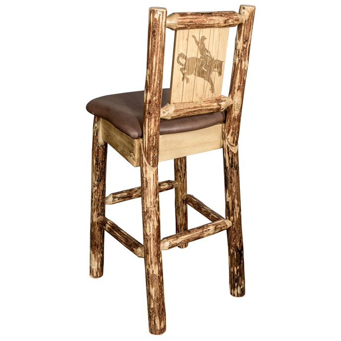 Glacier Counter Height Barstool w/ Back, Saddle Upholstery & Laser Engraved Bronc Design Thumbnail