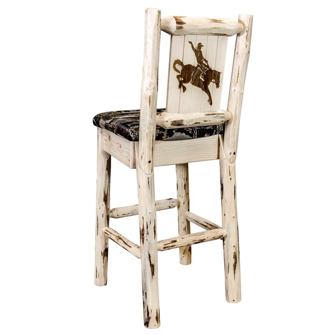 Montana Barstool w/ Back, Woodland Upholstery Seat & Laser Engraved Bronc Design - Clear Lacquer Finish Thumbnail