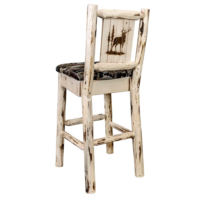 Montana Barstool w/ Back, Woodland Upholstery Seat & Laser Engraved Elk Design - Ready to Finish Thumbnail