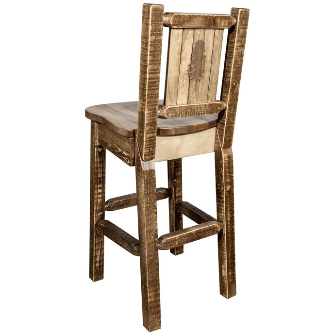 Homestead Counter Height Barstool w/ Back & Laser Engraved Pine Tree Design - Stain & Lacquer Finish Thumbnail