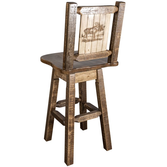 Homestead Barstool w/ Back, Swivel, & Laser Engraved Moose Design - Stain & Lacquer Finish Thumbnail