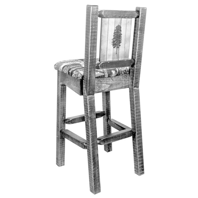 Homestead Barstool w/ Back, Woodland Upholstery Seat & Laser Engraved Pine Tree Design - Clear Lacquer Finish Thumbnail