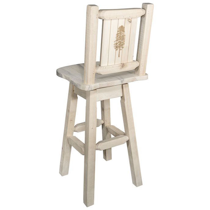 Homestead Barstool w/ Back, Swivel, & Laser Engraved Pine Tree Design - Clear Lacquer Finish Thumbnail