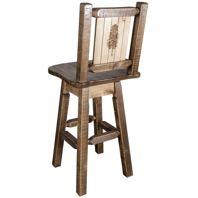 Homestead Barstool w/ Back, Swivel, & Laser Engraved Pine Tree Design - Stain & Lacquer Finish Thumbnail