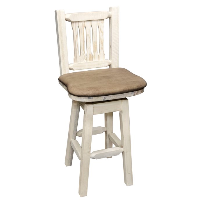 Homestead Barstool w/ Back, Swivel, & Upholstered Seat in Buckskin Pattern - Clear Lacquer Finish Thumbnail