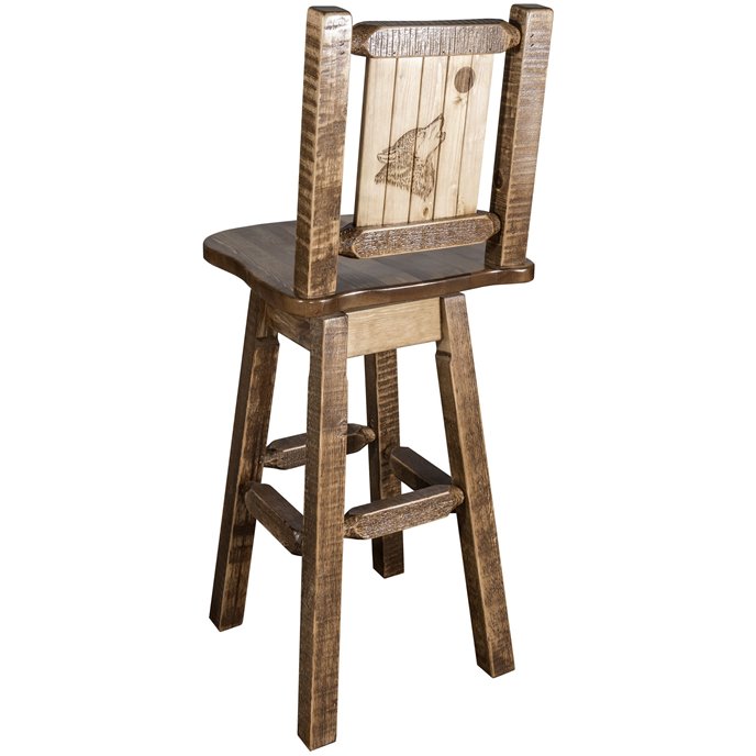 Homestead Barstool w/ Back, Swivel, & Laser Engraved Wolf Design - Stain & Lacquer Finish Thumbnail