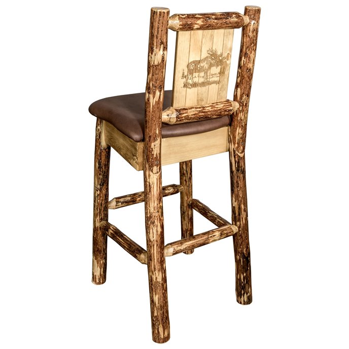 Glacier Counter Height Barstool w/ Back, Saddle Upholstery & Laser Engraved Moose Design Thumbnail