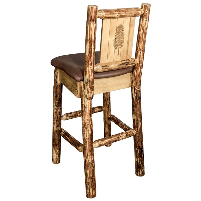 Glacier Counter Height Barstool w/ Back, Saddle Upholstery & Laser Engraved Pine Tree Design Thumbnail