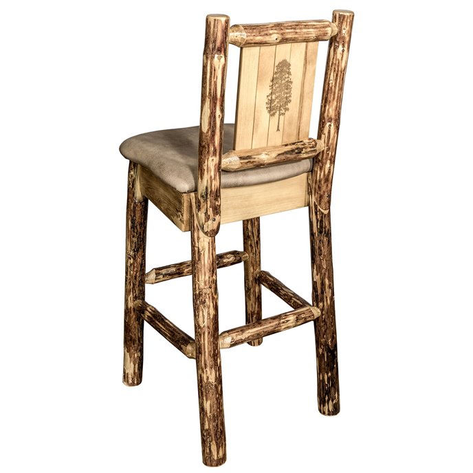 Glacier Barstool w/ Back, Buckskin Upholstery Seat & Laser Engraved Pine Tree Design Thumbnail