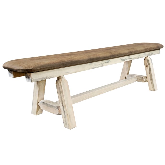 Homestead Plank Style 6 Foot Bench w/ Buckskin Upholstery - Clear Lacquer Finish Thumbnail