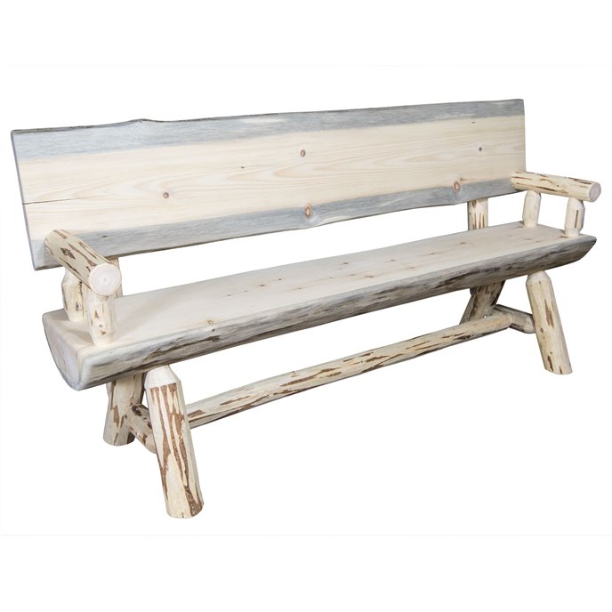 Montana Half Log 6 Foot Bench w/ Back & Arms - Clear Lacquer Finish Thumbnail