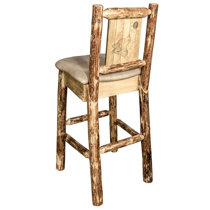 Glacier Barstool w/ Back, Buckskin Upholstery Seat & Laser Engraved Wolf Design Thumbnail