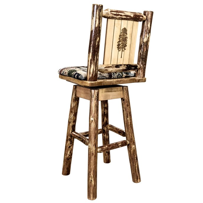 Glacier Counter Height Barstool w/ Back, Swivel, Woodland Upholstery & Laser Engraved Pine Tree Design Thumbnail