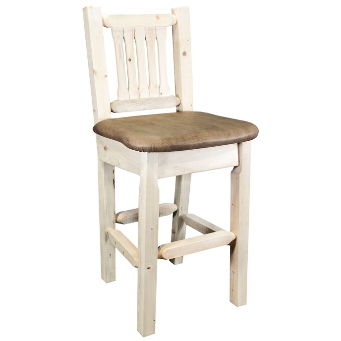 Homestead Barstool w/ Back & Upholstered Seat in Buckskin Pattern- Clear Lacquer Finish Thumbnail