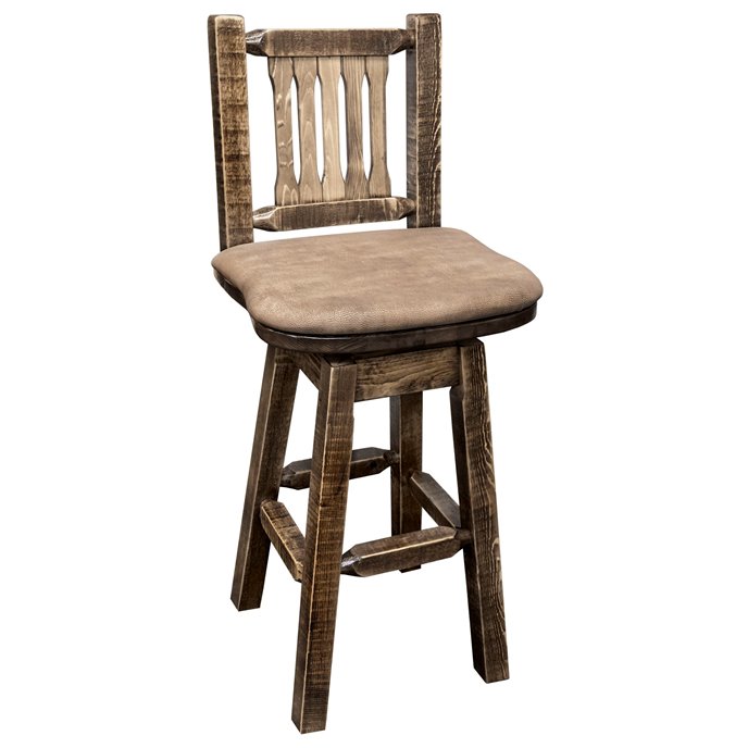 Homestead Barstool w/ Back, Swivel, & Upholstered Seat in Buckskin Pattern - Stain & Clear Lacquer Finish Thumbnail