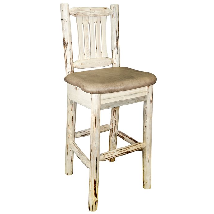 Montana Barstool w/ Back & Upholstered Seat in Buckskin Pattern - Clear Lacquer Finish Thumbnail