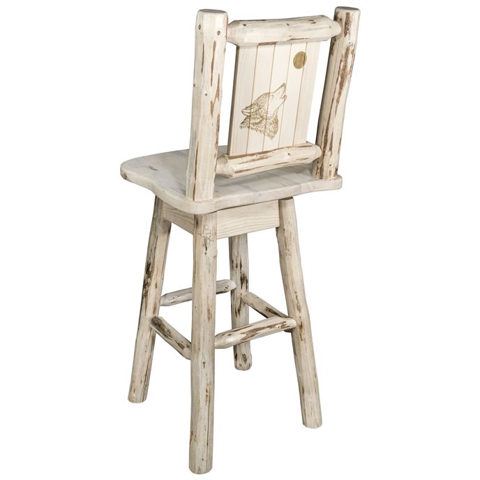 Montana Counter Height Barstool w/ Back, Swivel, & Laser Engraved Wolf Design - Clear Lacquer Finish Thumbnail